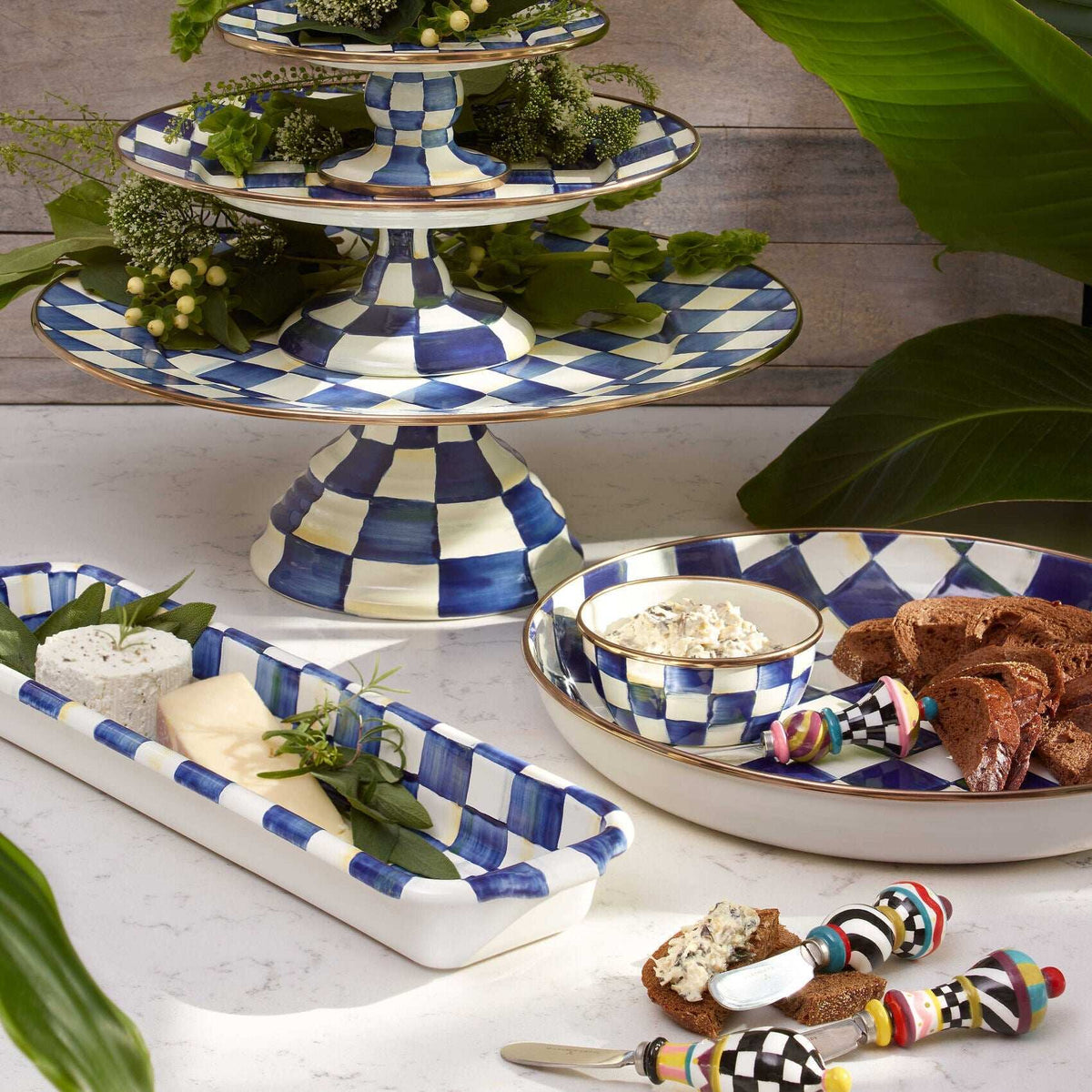 Luxury Royal Check Enamel Dining Pedestal Platter - Small