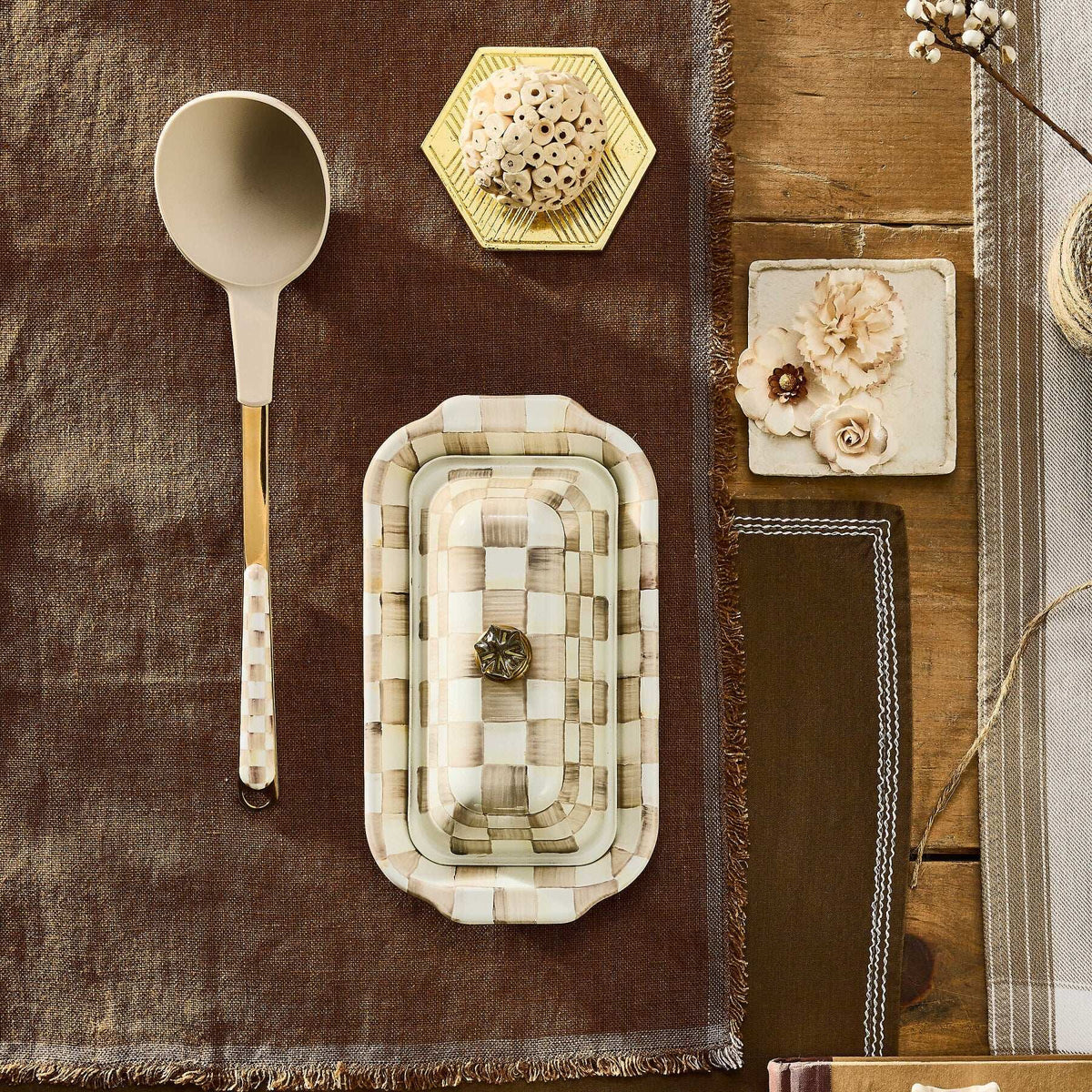 Mocha Check Enamel Butter Box by Mackenzie-Childs