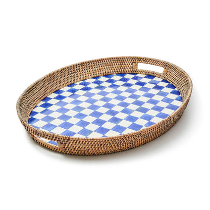 MacKenzie-Childs Royal Check Blue Enamel & Rattan Party Tray