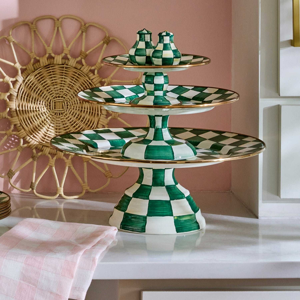 Emerald Check Large Pedestal Platter by Mackenzie-Childs
