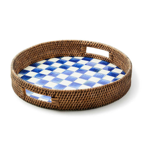 MacKenzie-Childs Royal Check Enamel & Rattan Round Serving Tray