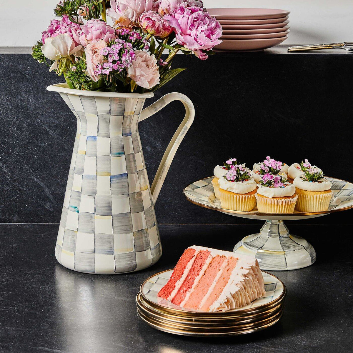 Luxury Dining Sterling Check Enamel Pedestal Platter - Small