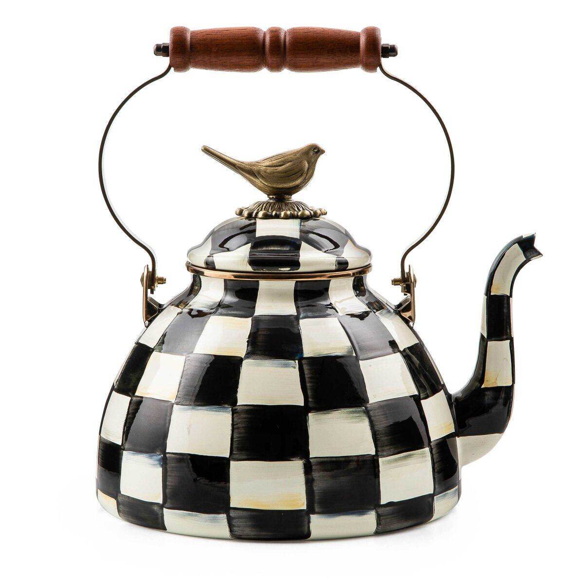 Iconic Black & White Courtly Check Enamel Tea Kettle with Bird 2.84L