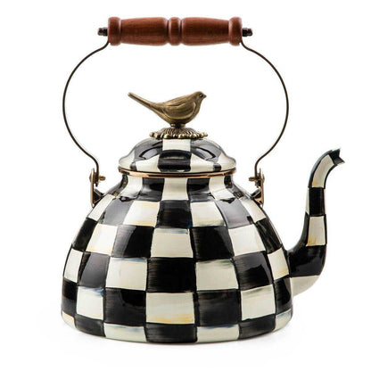 Iconic Black & White Courtly Check Enamel Tea Kettle with Bird 2.84L