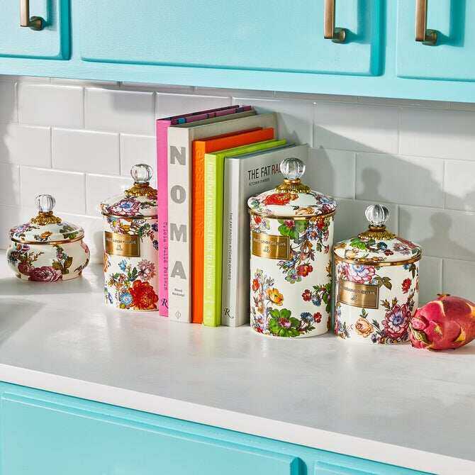White Flower Market Enamel Canisters
