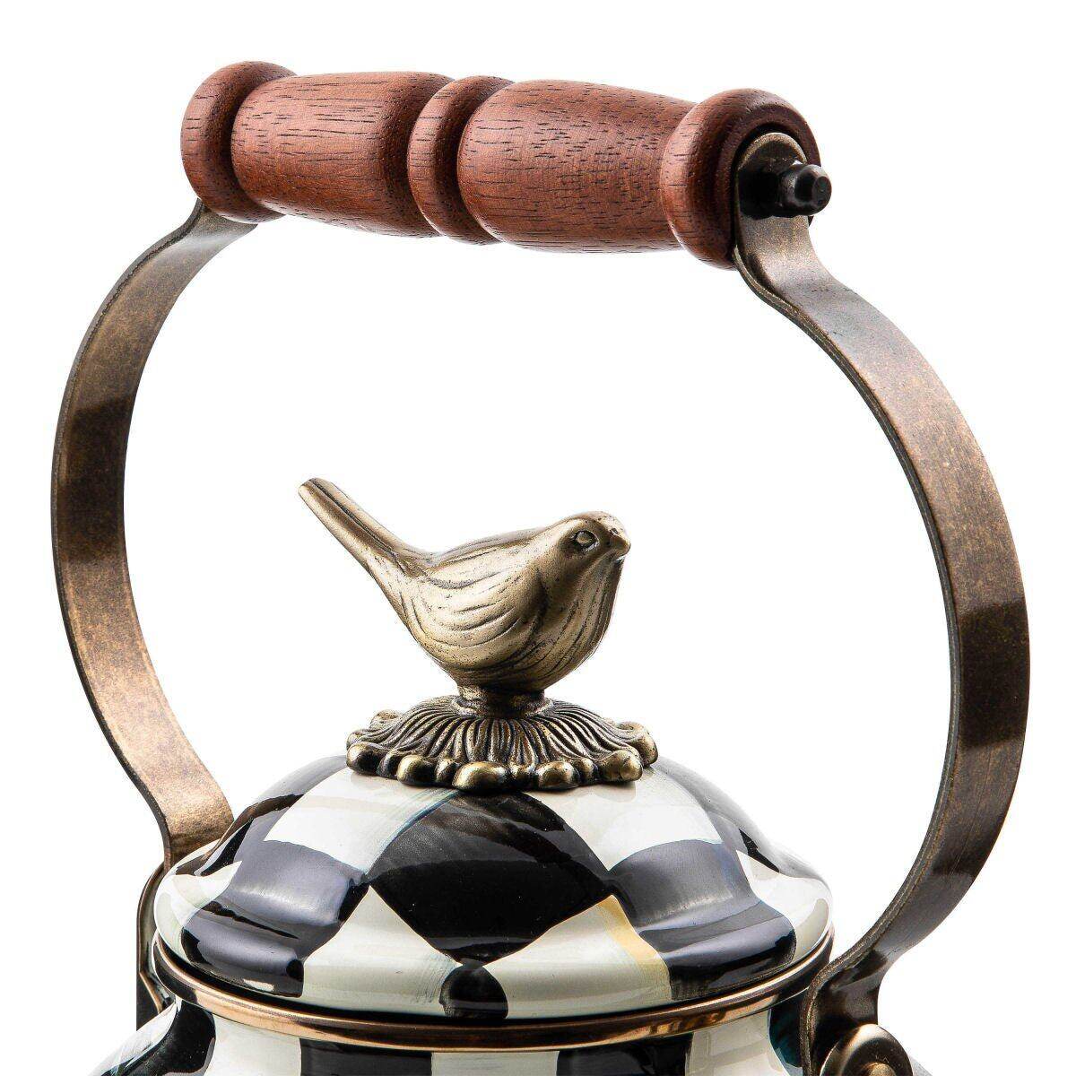 Iconic Black & White Courtly Check Enamel Tea Kettle with Bird 2.84L