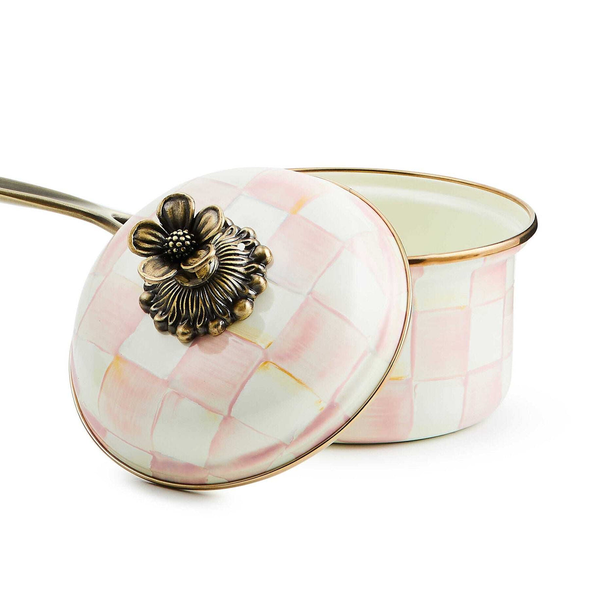 Mackenzie-Childs Rosy Check Enamel 1 Qt. Saucepan